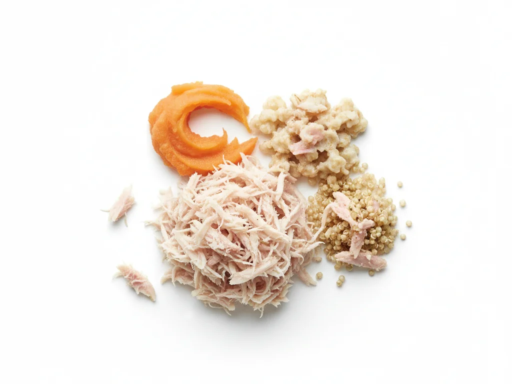 Cook rabbit until fork-tender, then shred it into very small, soft pieces. You can mix shredded rabbit into mashed vegetables, oatmeal, or soft cooked grains.