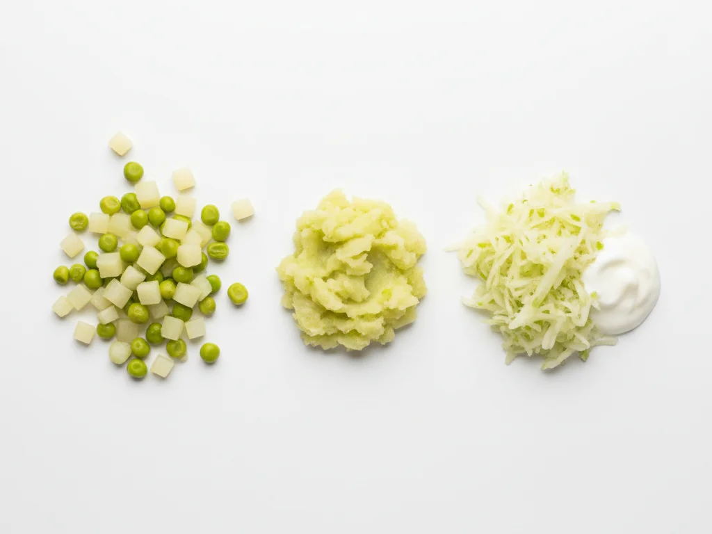 Koche Kohlrabi bis er weich, aber nicht matschig ist, dann schneide ihn in kleine, erbsengroße Stücke oder zerdrücke ihn mit einer Gabel für klumpigere Texturen. Du kannst ihn auch fein reiben und in Haferbrei oder Joghurt mischen. Biete ihn als Fingerfood in sicheren, weichen Stücken an, die dein Baby aufnehmen kann.