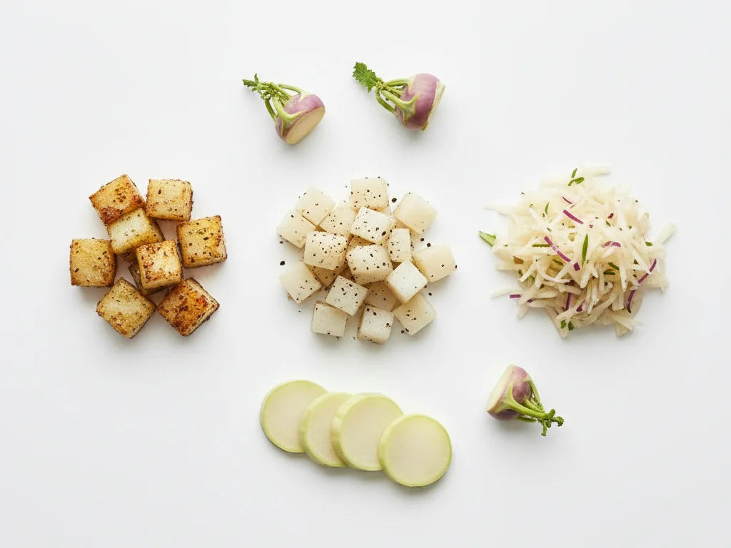 Serviere gekochten Kohlrabi auf verschiedene Arten: gewürfelt in Suppen, geröstet als Beilage oder geraspelt in Salaten. Du kannst auch dünne, gekochte Scheiben als Fingerfood anbieten. In diesem Alter können Kleinkinder mehr Textur und Geschmackskombinationen vertragen.