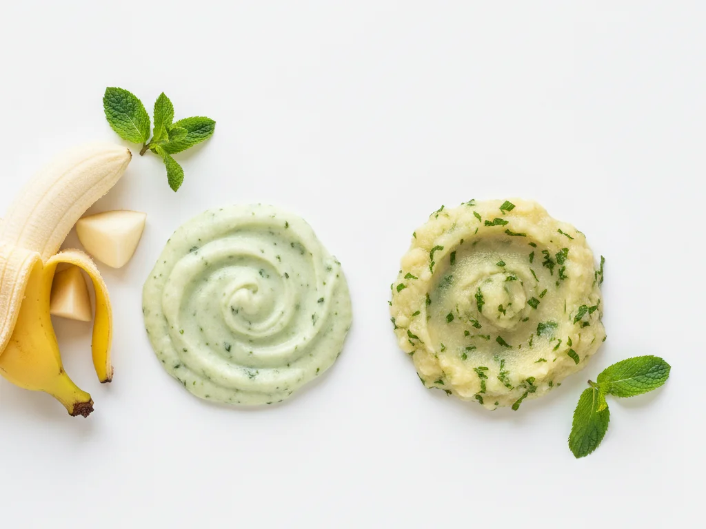 Réduisez en purée des feuilles de menthe fraîche avec des fruits comme la banane ou la poire, ou mélangez de la menthe finement hachée à des purées lisses. Commencez par une petite quantité (1-2 feuilles par portion) en raison de la saveur prononcée.