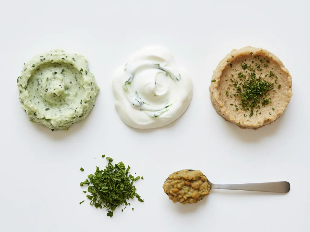 Hachez finement des feuilles de menthe et mélangez-les à des purées épaisses, du yaourt ou de la bouillie. Vous pouvez aussi en ajouter de petites quantités à des plats salés comme de la purée de pommes de terre ou des lentilles.