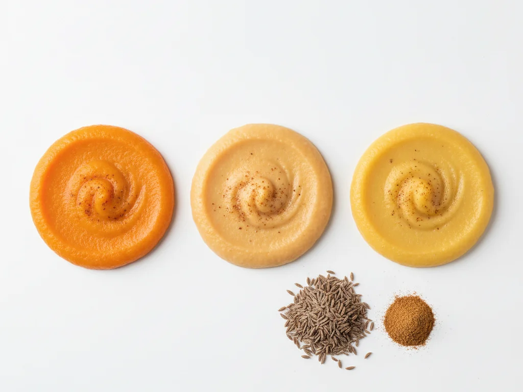 Utilisez une toute petite pincée de cumin moulu (environ ⅛ de cuillère à café) mélangée soigneusement à des purées lisses. Vous pouvez légèrement torréfier les graines de cumin entières dans une poêle sèche, puis les moudre en poudre pour une saveur plus fraîche. Mélangez à des purées de légumes comme carotte, patate douce ou courge.