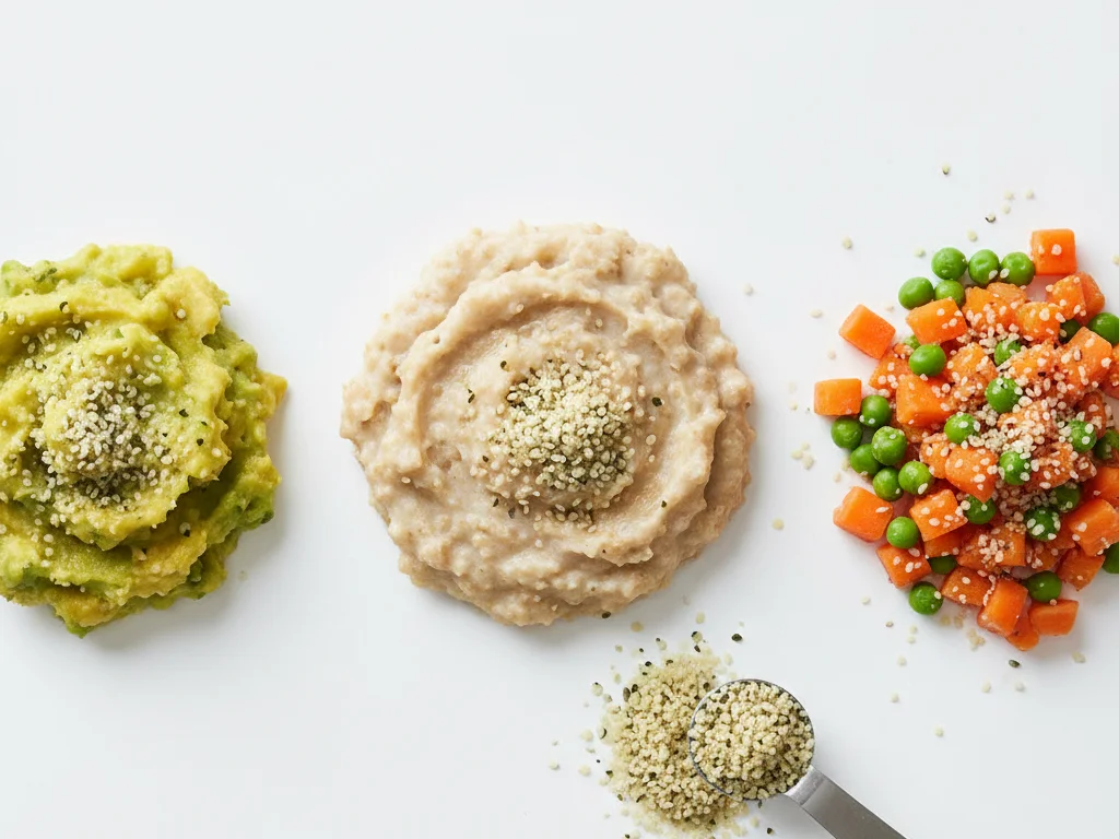 Continua a usare i semi di canapa macinati, ma puoi aumentare a 1-2 cucchiaini per porzione. Mescolali in consistenze più dense come porridge, frutta schiacciata o verdure cotte morbide. Puoi anche spolverarne una piccola quantità su cibi da mangiare con le mani se ben mescolata.