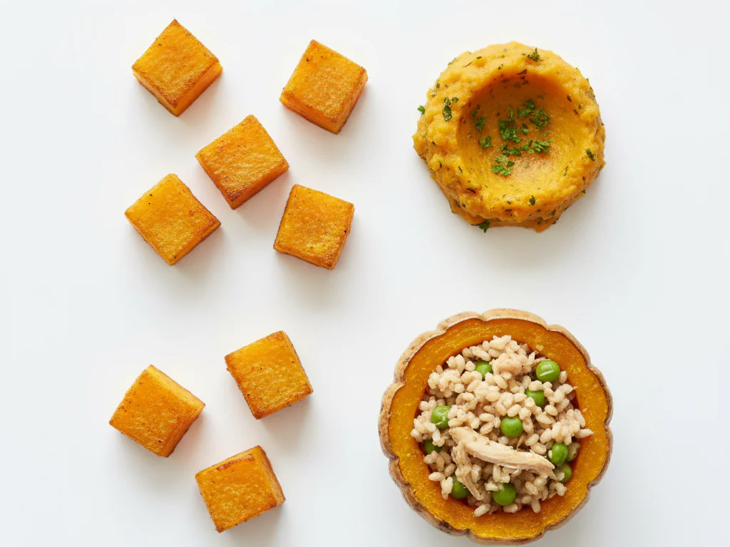 Pour les tout-petits, vous pouvez servir la courge gemme de façons plus variées. Proposez des cubes rôtis comme finger food, incorporez-la à des sauces pour pâtes ou des soupes, ou farcissez-la avec d'autres ingrédients. La peau devient comestible lorsqu'elle est rôtie jusqu'à tendreté.
