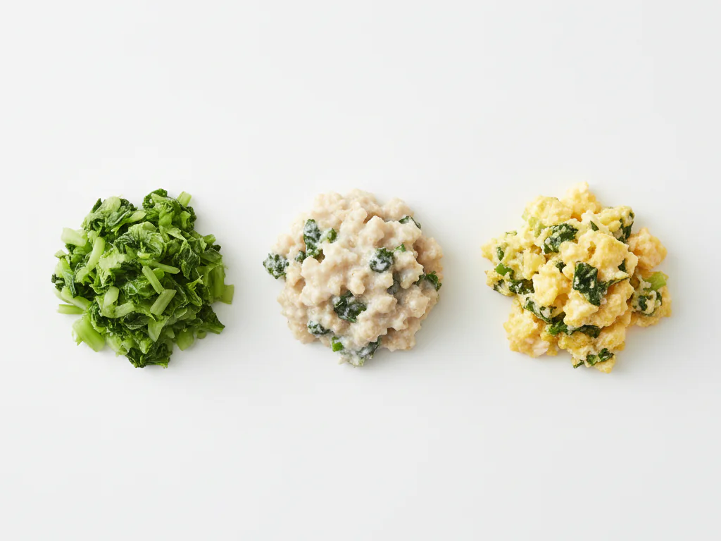Faites cuire le komatsuna jusqu'à ce qu'il soit tendre mais pas détrempé, puis hachez-le finement ou écrasez-le à la fourchette. Vous pouvez le mélanger à des aliments mous comme des œufs brouillés, de la purée de pommes de terre ou du porridge. La texture doit pouvoir s'écraser facilement entre les doigts.