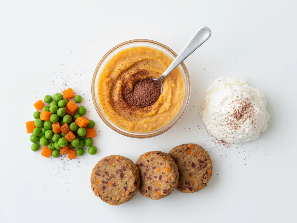Verhoog naar 1/2 theelepel gemengd in dikkere prakjes, zachte roerei of hüttenkäse. Je kunt het ook licht bestrooien over zachtgekookte groenten of mengen in patatjes voor fingerfood, zorg ervoor dat het goed is verwerkt.