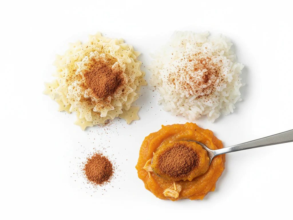 Gebruik tot 1 theelepel bestrooid over voeding zoals pasta, rijst of zacht vlees. Het kan worden toegevoegd aan sauzen, soepen of ovenschotels voor smaak, maar vermijd droog poeder alleen om verstikking te voorkomen.