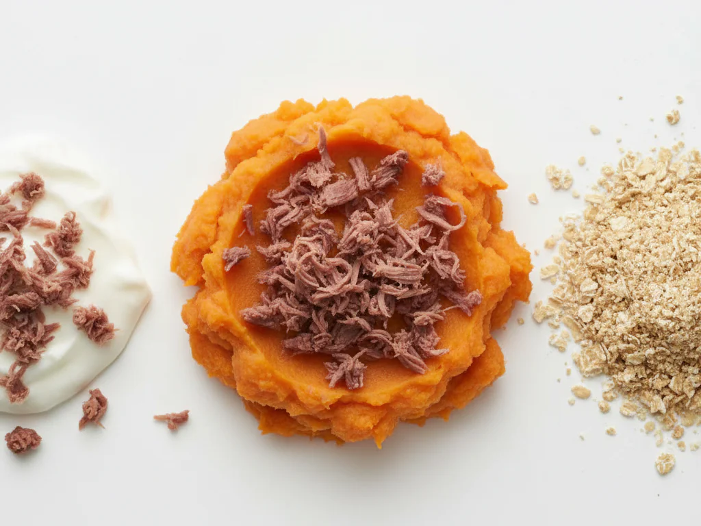 Pique ou desfie bem a carne de avestruz cozida em pedacinhos minúsculos. Pode misturar em alimentos macios, como purê de batata, aveia ou iogurte. Os pedaços devem ser menores que uma ervilha e macios o suficiente para amassar com pressão suave.