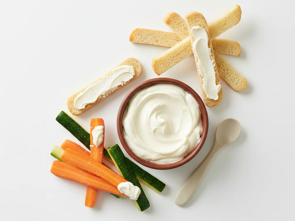 Serve Petit-Suisse slightly thicker as a dip or spread. You can offer it on its own in a bowl for self-feeding with a spoon, or spread it on soft toast strips or steamed vegetable sticks.