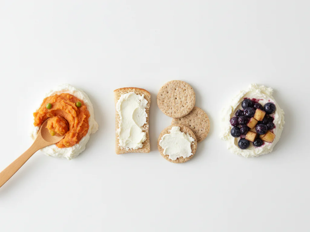 Mélangez le fromage blanc avec des fruits ou légumes écrasés pour plus de texture. Vous pouvez aussi l'étaler finement sur des doigts de pain grillé ou des crackers mous pour pratiquer l'alimentation autonome. Les protéines aident à rassasier votre bébé entre les repas.