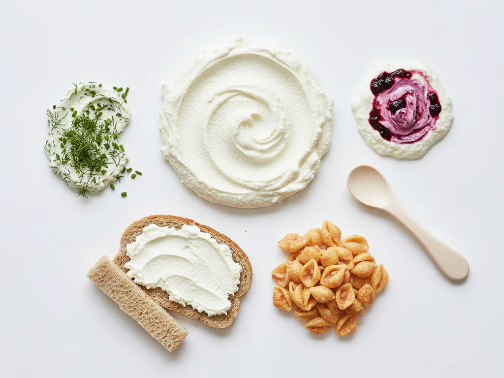 Le fromage blanc constitue une excellente base pour les repas des tout-petits. Utilisez-le dans des smoothies, comme tartinade pour sandwichs, ou mélangé à des sauces pour pâtes. Vous pouvez aussi préparer des tartinades simples en le mixant avec des herbes.
