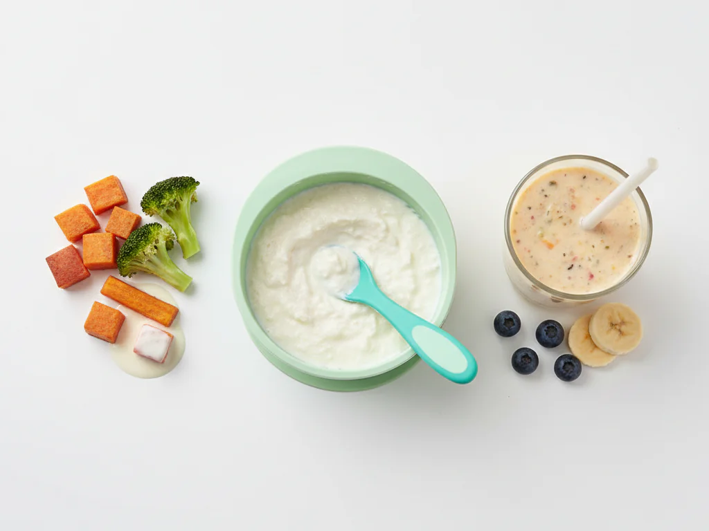Offer ryazhenka as a dip for soft finger foods or in a suction bowl for self-feeding practice. Your baby can practice using a spoon independently with your help. You can also blend it into thicker smoothies with fruits and vegetables.