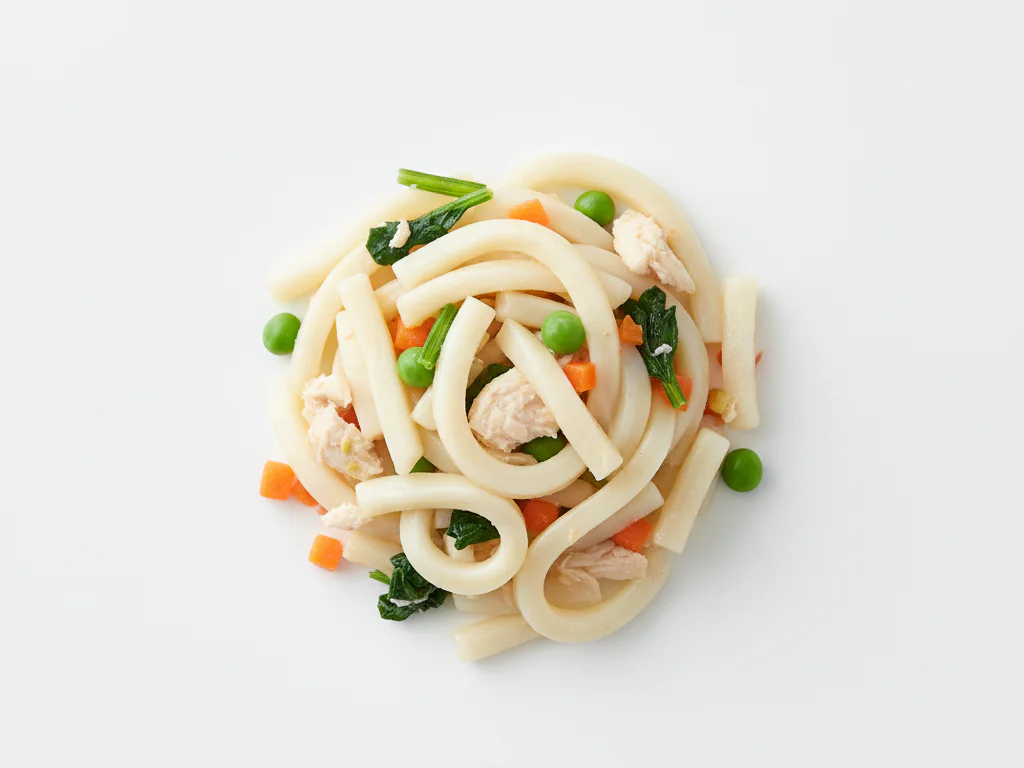 赤ちゃんが指でつまむ動作を発達させる時期には、うどんを小さな一口大（約1.3cm長）に切ります。手づかみ食べとして、または柔らかい野菜やタンパク質と混ぜて食感のある食事として与えられます。