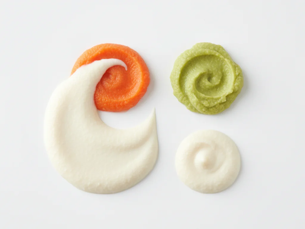 Pour les débutants, mixez le Shimidofu décongelé avec du lait maternel, du lait infantile ou de l'eau jusqu'à obtenir une texture lisse. Vous pouvez le mélanger avec d'autres légumes ou fruits en purée pour varier les saveurs.