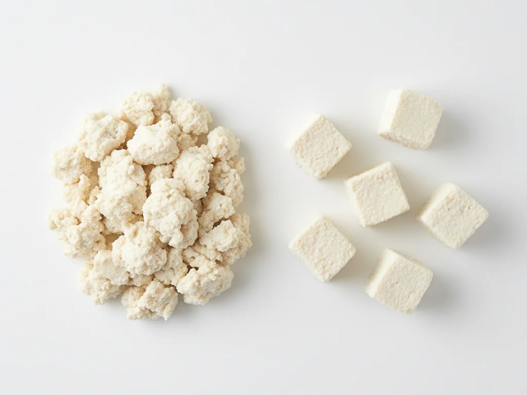 Écrasez le Shimidofu à la fourchette pour obtenir une texture grumeleuse qui encourage la mastication. Vous pouvez aussi le couper en petits cubes mous de la taille du bout du doigt de votre bébé pour travailler la prise en pince.