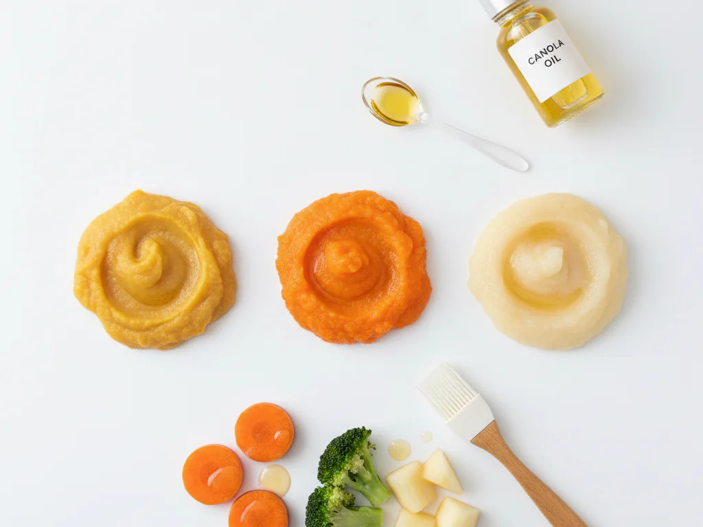 Mezcla 1/4 de cucharadita de aceite de canola en purés suaves como batata, zanahoria o manzana para agregar grasas saludables y una textura cremosa. También puedes cepillarlo ligeramente sobre verduras cocidas suaves antes de machacarlas.