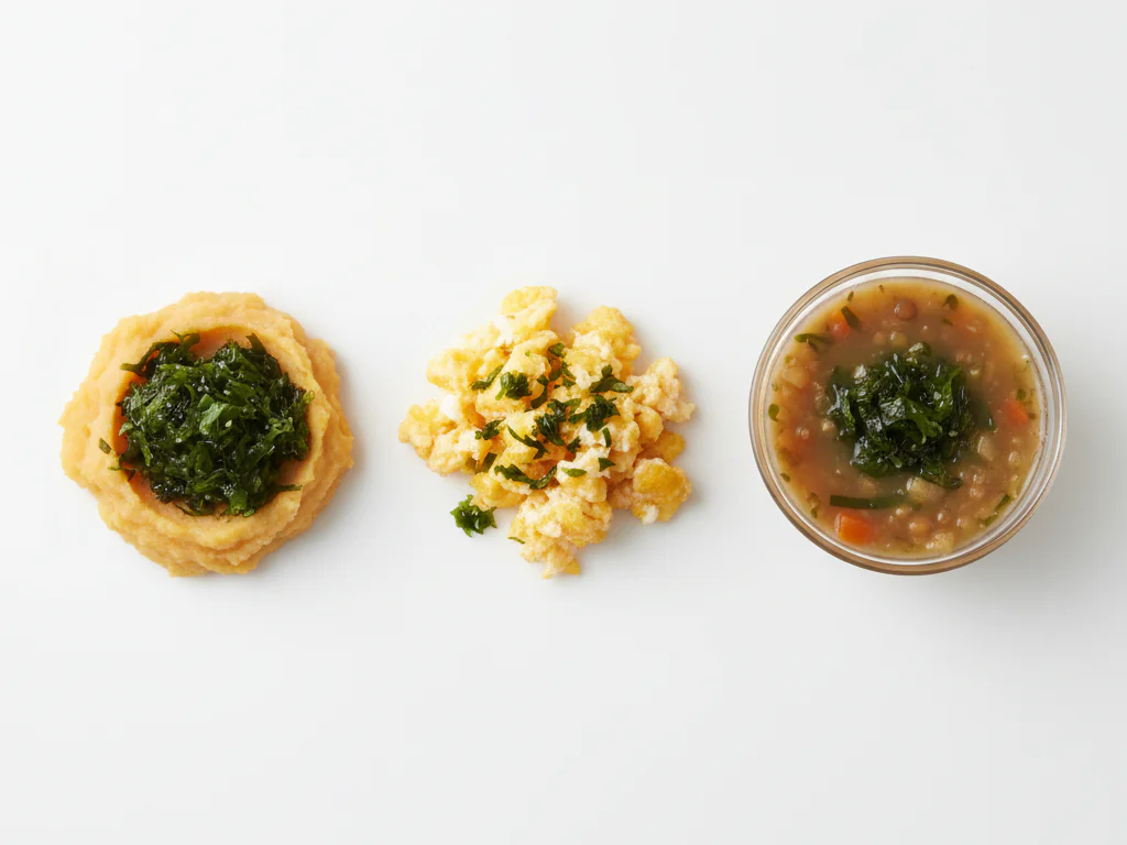 生後9〜12ヶ月の赤ちゃんには、水で戻したわかめを細かく刻んで柔らかい食べ物に混ぜます。スープ、シチュー、スクランブルエッグに加えて食感の変化をつけても良いでしょう。