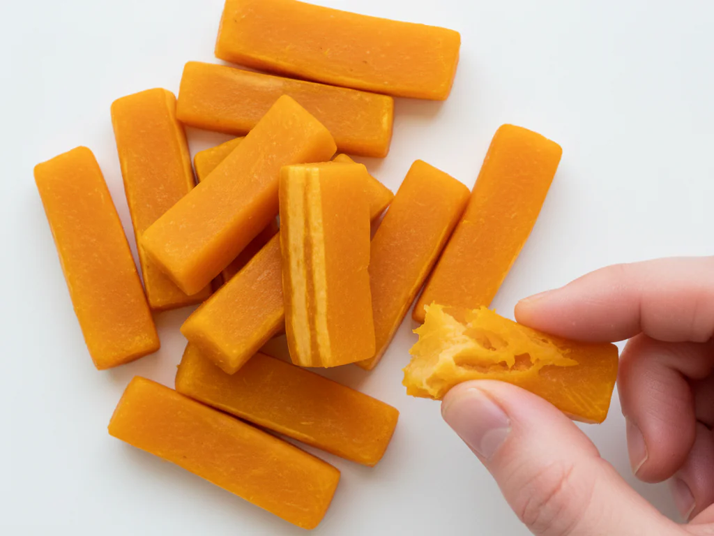 Corte a abóbora cozida em palitos macios do tamanho do dedo mindinho de um adulto. Eles devem ser facilmente amassados entre os dedos. Sirva como alimento para o baby-led weaning.