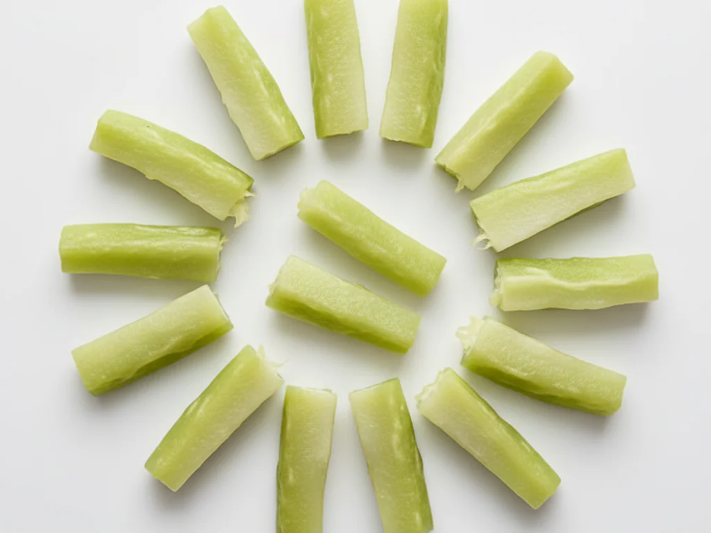 Gekochte Chayote in weiche, fingerlange Stifte schneiden, etwa so groß wie dein Finger. Die Stücke sollten weich genug sein, um zwischen den Fingern zerdrückt zu werden.