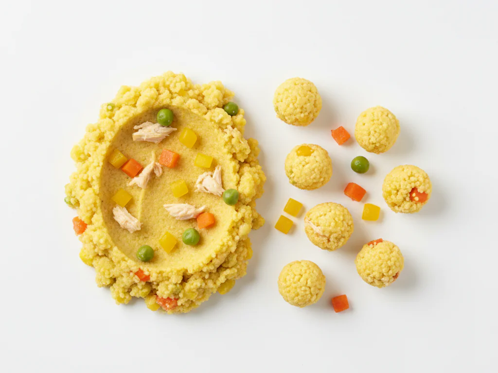 Cook couscous until tender but not mushy. Serve as a thick mash or form into small, soft balls (about the size of a pea) that baby can pick up. Mix with finely diced soft vegetables or shredded chicken for added texture.