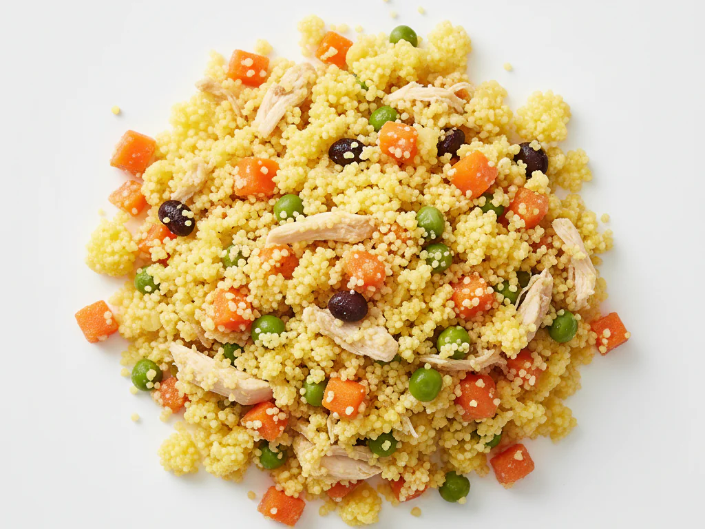 At this age, you can serve corn couscous as a side dish, mixed with small chunks of soft-cooked vegetables, beans, or shredded meat. It can also be used in patties or as a base for a toddler-friendly bowl. Keep the texture soft but with more texture.