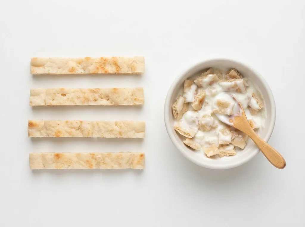 Toast pitabrood licht en snijd in lange, dunne reepjes (ter grootte van twee volwassen vingers) die je baby kan vastpakken en kauwen. Je kunt ook kleine stukjes scheuren en verzachten in een beetje water, melk of yoghurt. Vermijd het geven van hele pita's of grote, droge stukken.