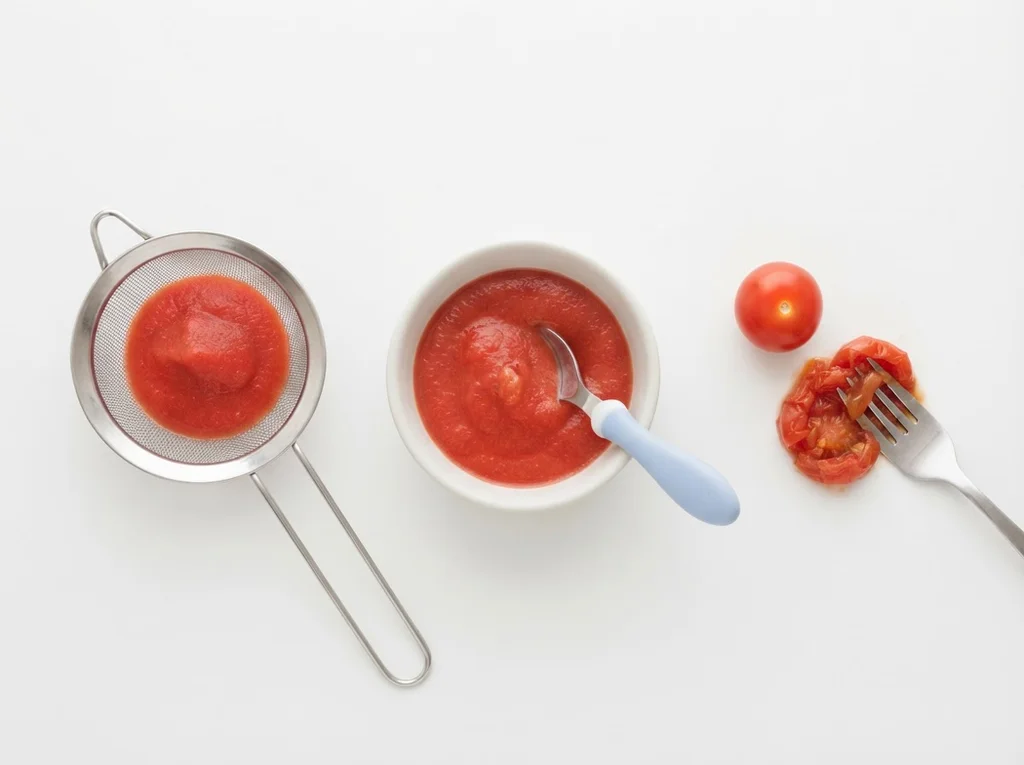 Steam or roast cherry tomatoes until very soft, then puree or mash them. For a smoother texture, push the cooked tomatoes through a fine sieve to remove the skins and seeds. Serve as a smooth or slightly lumpy puree, alone or mixed into other purees.