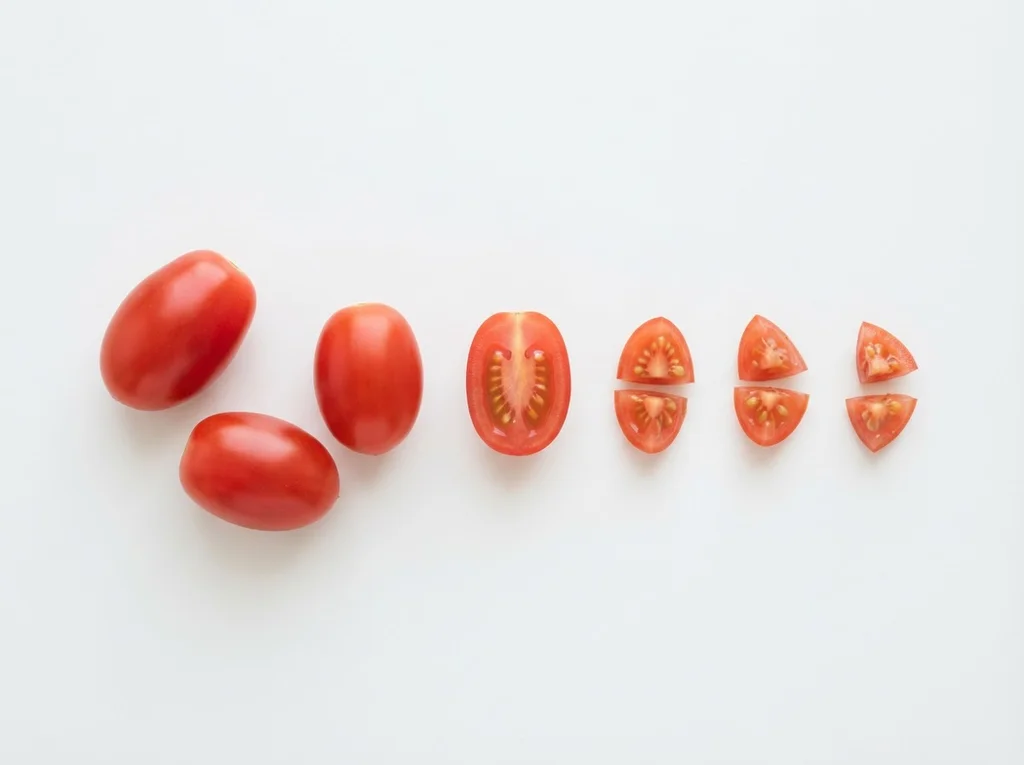 At this age, babies are getting better at chewing. You can introduce grape tomatoes with the skin on, but they must be cut into small pieces. Halve or quarter them into small, flat pieces. Continue to ensure they are soft enough to mash with your baby's gums.