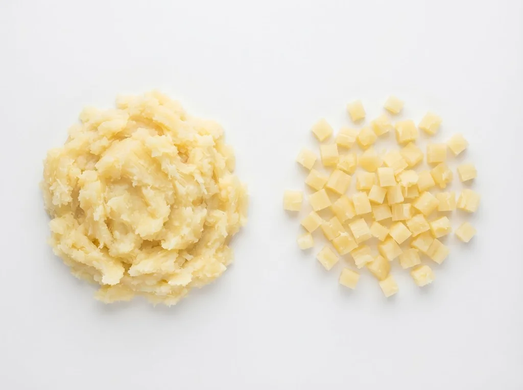 Continue with a thicker mashed cassava, or cut cooked cassava into small, pea-sized pieces. This helps your baby practice chewing with their gums.
