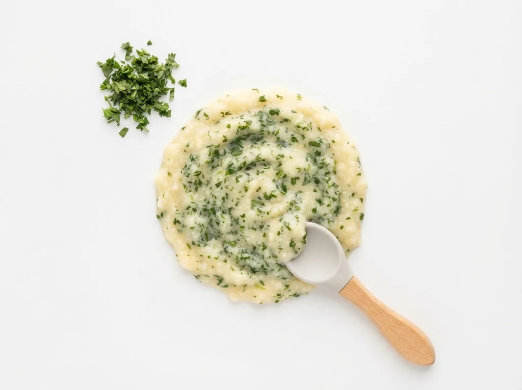 Wash thoroughly, then mince the leaves and soft stems very finely. Stir into purees, mashed vegetables, or infant cereal to introduce the flavor.