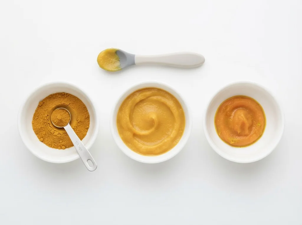 For babies just starting solids, stir 1/8 teaspoon of ground turmeric into smooth purees like sweet potato, carrot, or apple. Mix well to ensure no lumps.