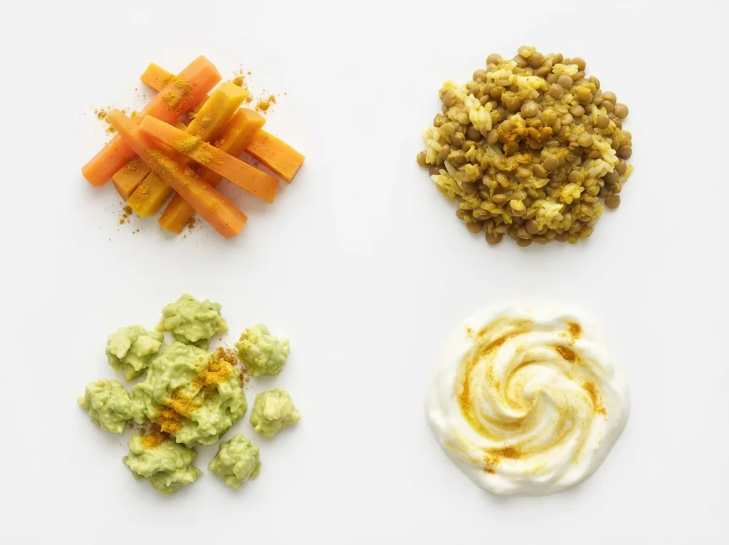 For babies who are exploring more texture, sprinkle turmeric onto soft-cooked vegetables, lentils, or rice that they can pick up. You can also mix it into mashed avocado or yogurt-style dishes.